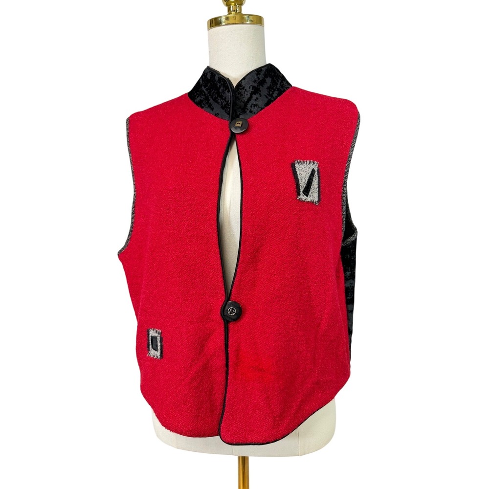 VTG Kd Spring Red‎ Wool Blend Vest Black Velvet Trim Reversible Artsy Unique